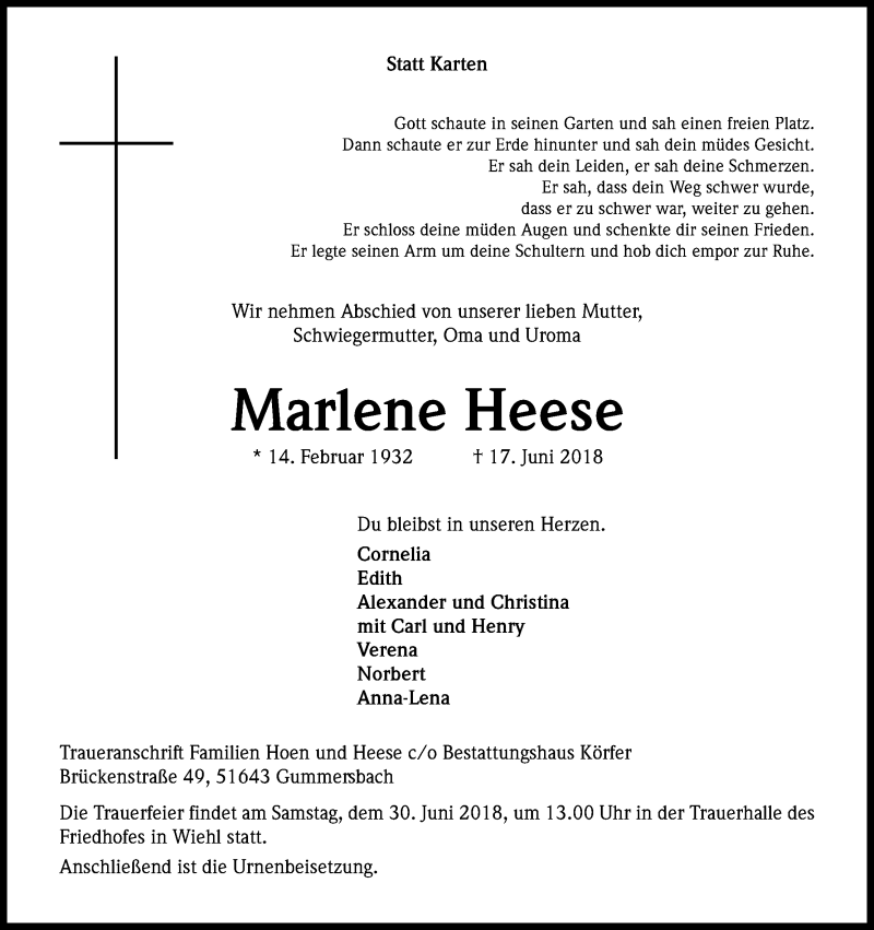  Traueranzeige für Marlene Heese vom 23.06.2018 aus Kölner Stadt-Anzeiger / Kölnische Rundschau / Express