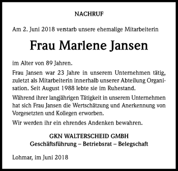 Anzeige von Marlene Jansen von Kölner Stadt-Anzeiger / Kölnische Rundschau / Express