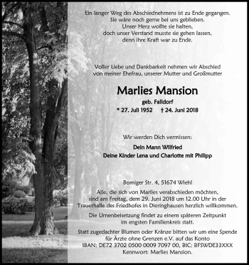 Anzeige von Marlies Mansion von Kölner Stadt-Anzeiger / Kölnische Rundschau / Express