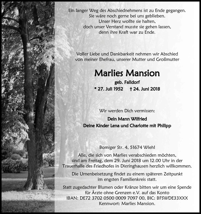  Traueranzeige für Marlies Mansion vom 27.06.2018 aus Kölner Stadt-Anzeiger / Kölnische Rundschau / Express