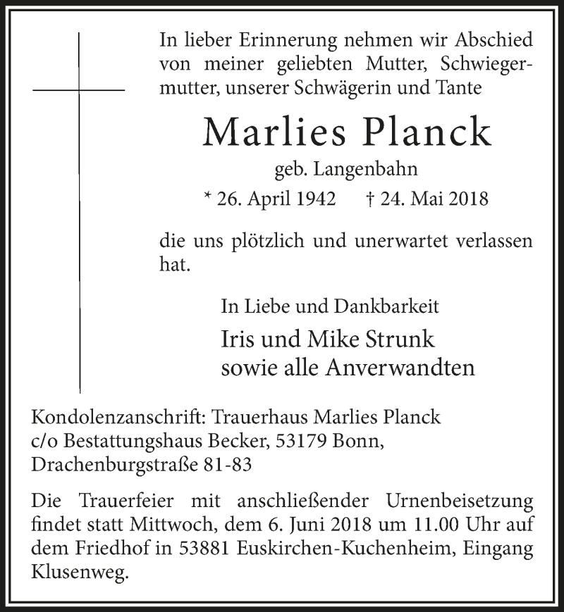  Traueranzeige für Marlies Planck vom 02.06.2018 aus  Blickpunkt Euskirchen 