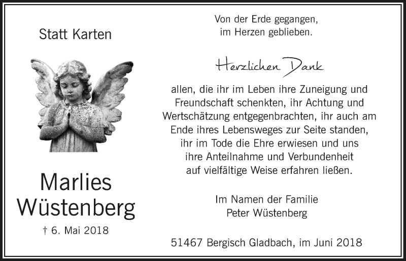  Traueranzeige für Marlies Wüstenberg vom 13.06.2018 aus  Bergisches Handelsblatt 