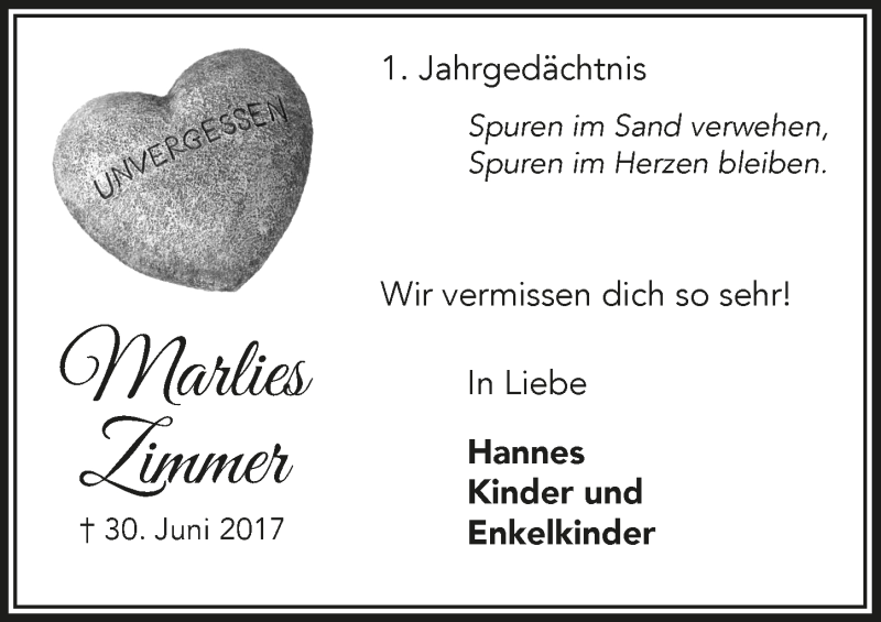  Traueranzeige für Marlies Zimmer vom 27.06.2018 aus  Lokalanzeiger 