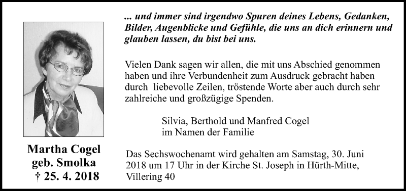  Traueranzeige für Martha Cogel vom 27.06.2018 aus  Wochenende  Kölner Wochenspiegel 