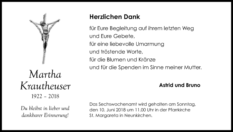  Traueranzeige für Martha Krautheuser vom 02.06.2018 aus Kölner Stadt-Anzeiger / Kölnische Rundschau / Express