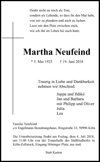 Anzeige von Martha Neufeind von Kölner Stadt-Anzeiger / Kölnische Rundschau / Express