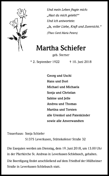 Anzeige von Martha Schiefer von Kölner Stadt-Anzeiger / Kölnische Rundschau / Express