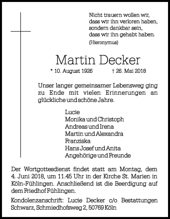 Anzeige von Martin Decker von Kölner Stadt-Anzeiger / Kölnische Rundschau / Express