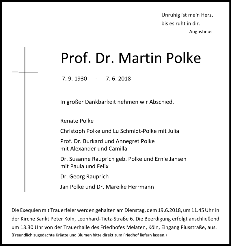  Traueranzeige für Martin Polke vom 09.06.2018 aus Kölner Stadt-Anzeiger / Kölnische Rundschau / Express