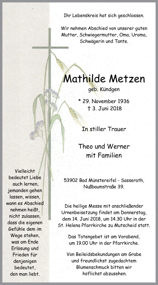  Traueranzeige für Mathilde Metzen vom 09.06.2018 aus  Blickpunkt Euskirchen 