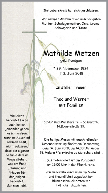 Anzeige von Mathilde Metzen von  Blickpunkt Euskirchen 