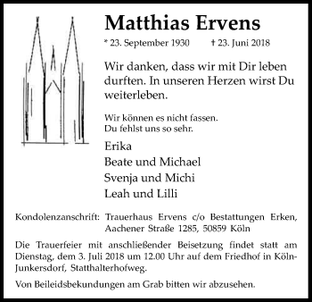 Anzeige von Matthias Ervens von Kölner Stadt-Anzeiger / Kölnische Rundschau / Express