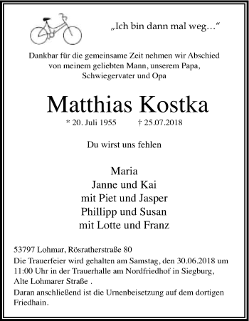 Anzeige von Matthias Kostka von Kölner Stadt-Anzeiger / Kölnische Rundschau / Express
