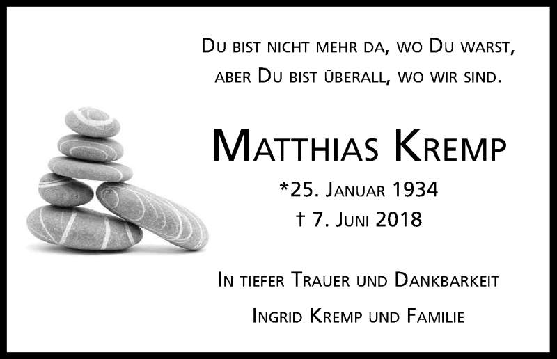  Traueranzeige für Matthias Kremp vom 16.06.2018 aus Kölner Stadt-Anzeiger / Kölnische Rundschau / Express