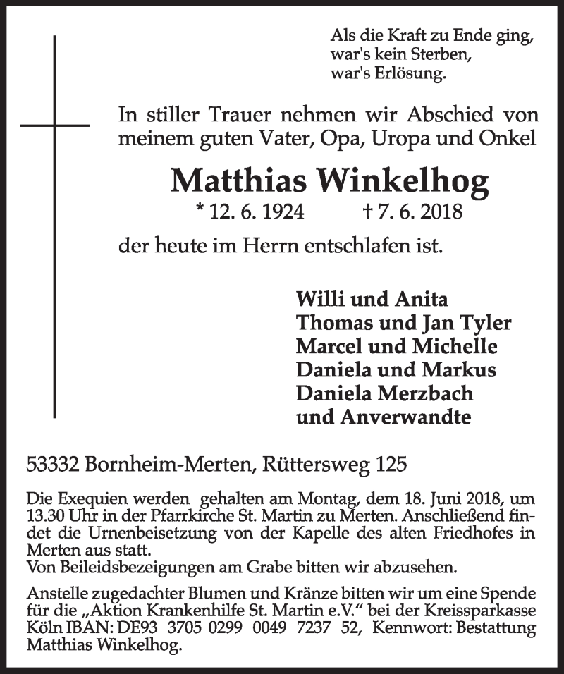  Traueranzeige für Matthias Winkelhog vom 13.06.2018 aus  Schlossbote/Werbekurier 