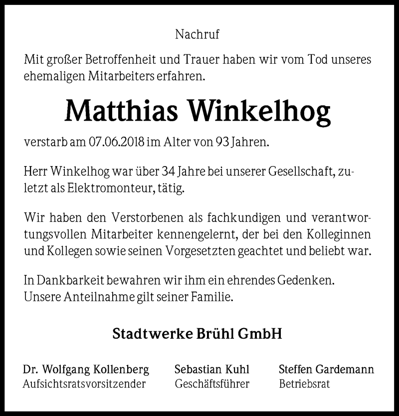  Traueranzeige für Matthias Winkelhog vom 16.06.2018 aus Kölner Stadt-Anzeiger / Kölnische Rundschau / Express