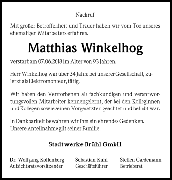 Anzeige von Matthias Winkelhog von Kölner Stadt-Anzeiger / Kölnische Rundschau / Express