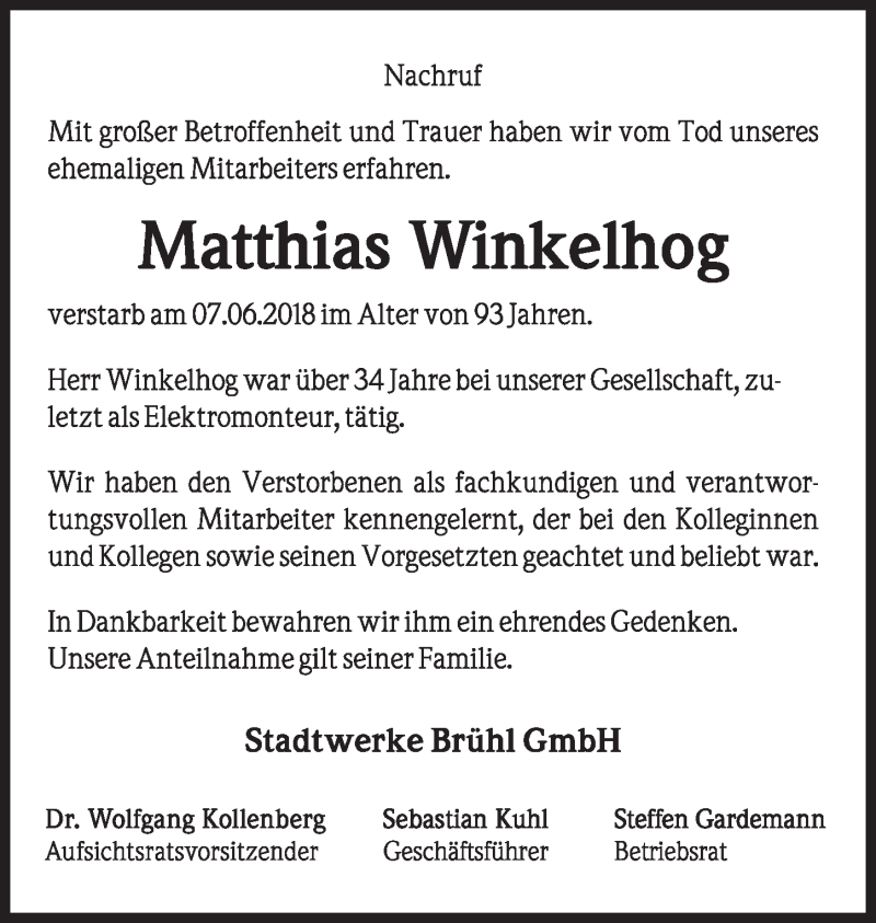  Traueranzeige für Matthias Winkelhog vom 20.06.2018 aus  Schlossbote/Werbekurier 