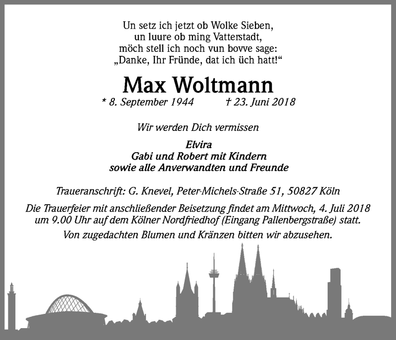  Traueranzeige für Max Woltmann vom 30.06.2018 aus Kölner Stadt-Anzeiger / Kölnische Rundschau / Express