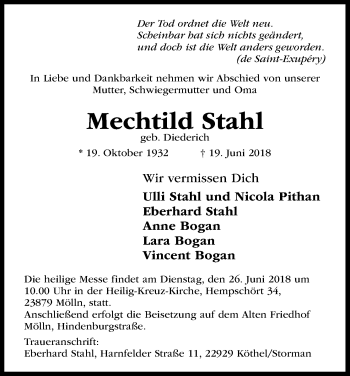 Anzeige von Mechtild Stahl von Kölner Stadt-Anzeiger / Kölnische Rundschau / Express