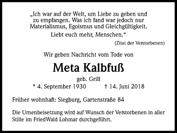 Anzeige von Meta Kalbfuß von Kölner Stadt-Anzeiger / Kölnische Rundschau / Express