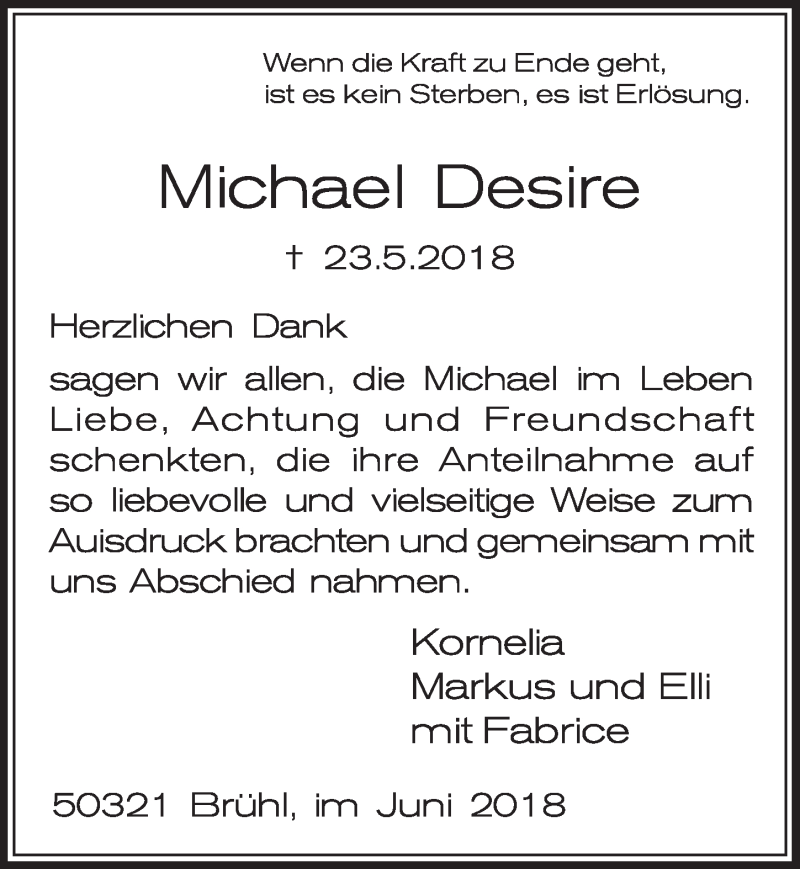  Traueranzeige für Michael Desire vom 27.06.2018 aus  Schlossbote/Werbekurier 