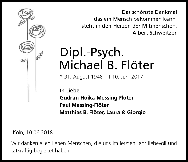  Traueranzeige für Michael Flöter vom 16.06.2018 aus Kölner Stadt-Anzeiger / Kölnische Rundschau / Express