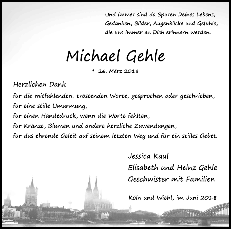  Traueranzeige für Michael Gehle vom 02.06.2018 aus Kölner Stadt-Anzeiger / Kölnische Rundschau / Express