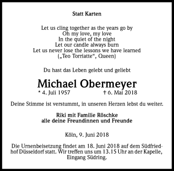 Anzeige von Michael Obermeyer von Kölner Stadt-Anzeiger / Kölnische Rundschau / Express