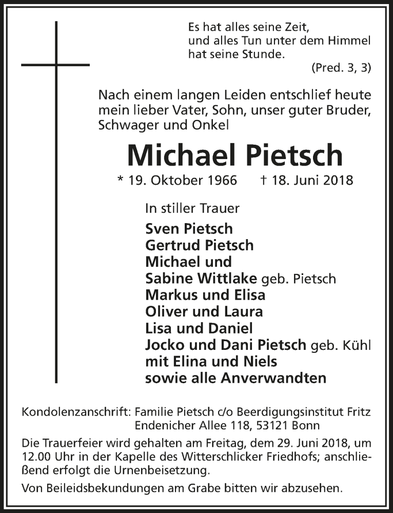  Traueranzeige für Michael Pietsch vom 27.06.2018 aus  Schaufenster/Blickpunkt 