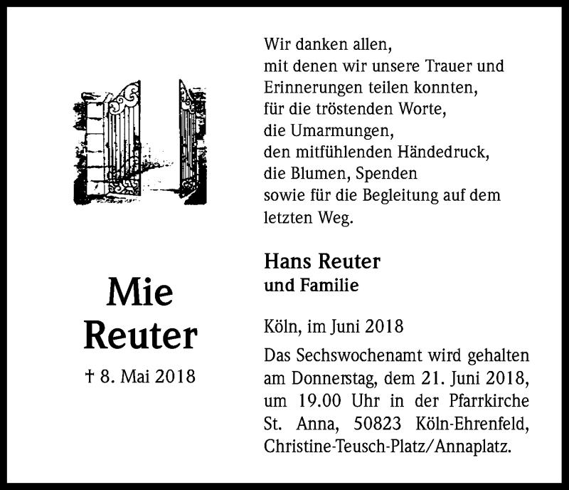  Traueranzeige für Mie Reuter vom 16.06.2018 aus Kölner Stadt-Anzeiger / Kölnische Rundschau / Express