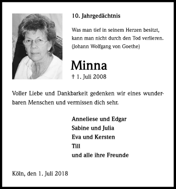 Anzeige von Minna  von Kölner Stadt-Anzeiger / Kölnische Rundschau / Express