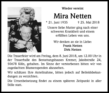 Anzeige von Mira Netten von Kölner Stadt-Anzeiger / Kölnische Rundschau / Express
