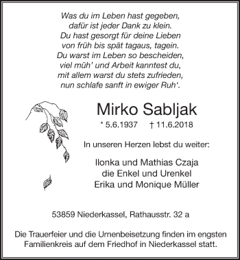 Anzeige von Mirko Sabljak von  Extra Blatt 