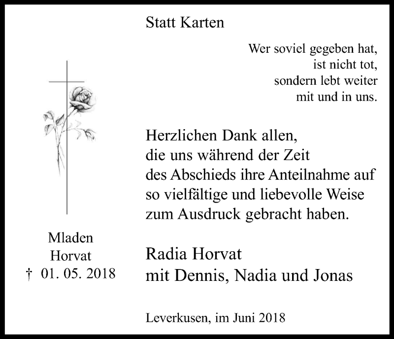  Traueranzeige für Mladen Horvat vom 09.06.2018 aus Kölner Stadt-Anzeiger / Kölnische Rundschau / Express