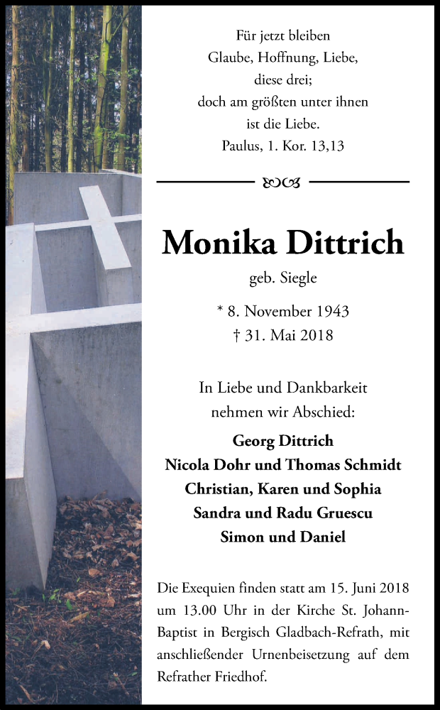  Traueranzeige für Monika Dittrich vom 09.06.2018 aus Kölner Stadt-Anzeiger / Kölnische Rundschau / Express