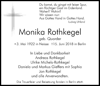 Anzeige von Monika Rothkegel von Kölner Stadt-Anzeiger / Kölnische Rundschau / Express