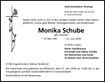 Anzeige von Monika Schube von Kölner Stadt-Anzeiger / Kölnische Rundschau / Express