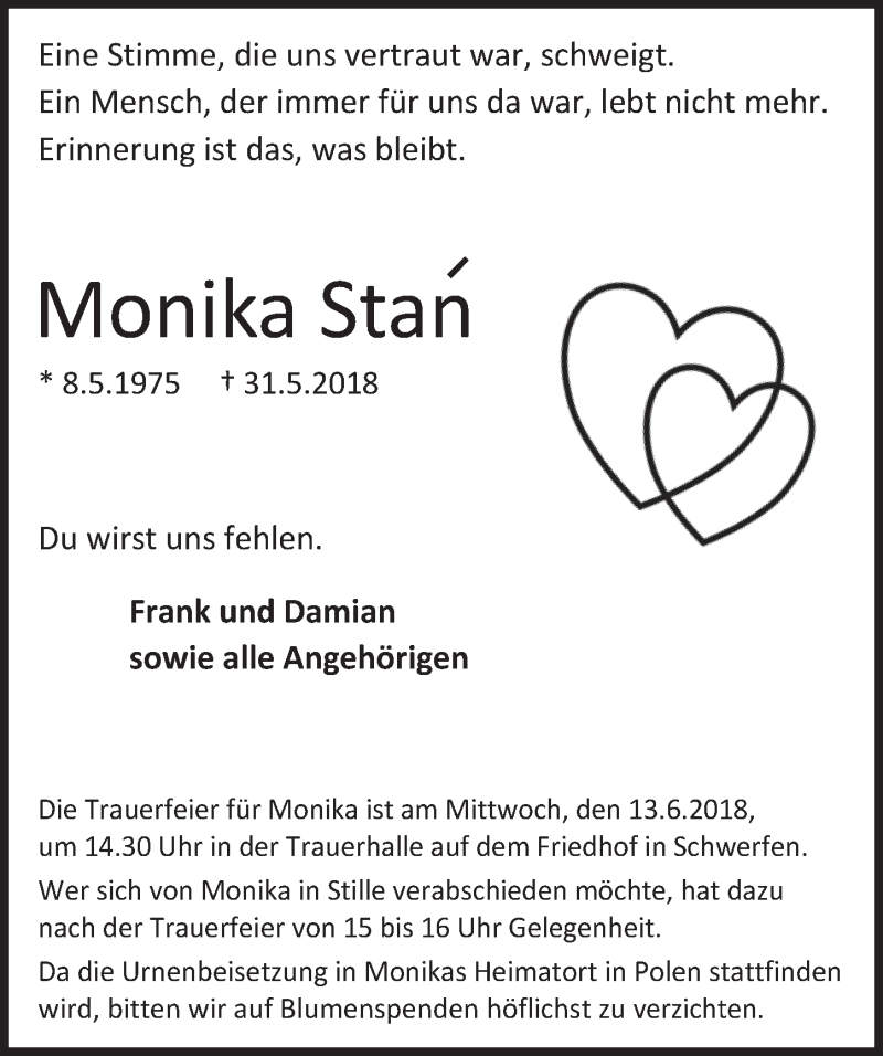  Traueranzeige für Monika Stan vom 09.06.2018 aus  Blickpunkt Euskirchen 