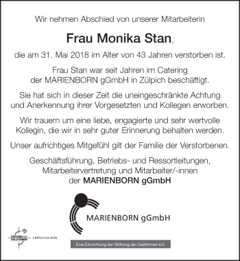 Anzeige von Monika Stan von  Blickpunkt Euskirchen 