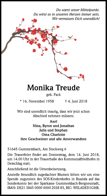 Anzeige von Monika Treude von Kölner Stadt-Anzeiger / Kölnische Rundschau / Express