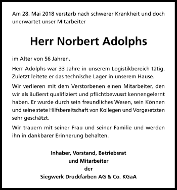 Anzeige von Norbert Adolphs von Kölner Stadt-Anzeiger / Kölnische Rundschau / Express