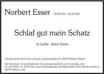 Anzeige von Norbert Esser von  Sonntags-Post 