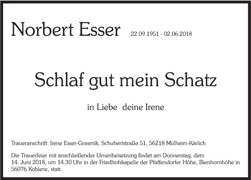 Traueranzeige für Norbert Esser vom 09.06.2018 aus  Sonntags-Post 