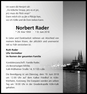 Anzeige von Norbert Rader von Kölner Stadt-Anzeiger / Kölnische Rundschau / Express
