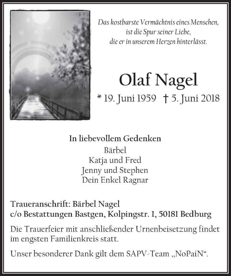  Traueranzeige für Olaf Nagel vom 13.06.2018 aus  Werbepost 