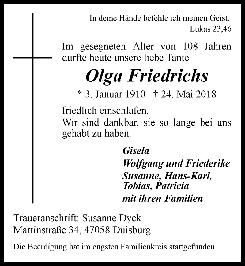  Traueranzeige für Olga Friedrichs vom 20.06.2018 aus  Kölner Wochenspiegel 