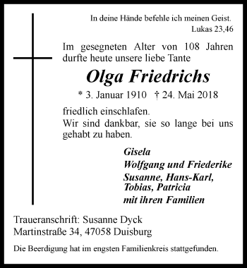 Anzeige von Olga Friedrichs von  Kölner Wochenspiegel 