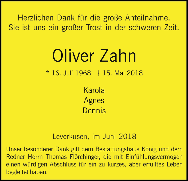  Traueranzeige für Oliver Zahn vom 23.06.2018 aus Kölner Stadt-Anzeiger / Kölnische Rundschau / Express