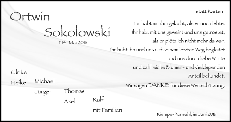  Traueranzeige für Ortwin Sokolowski vom 30.06.2018 aus Kölner Stadt-Anzeiger / Kölnische Rundschau / Express